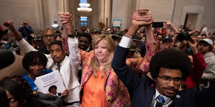 A white Tennessee lawmaker survived expulsion while 2 young Black lawmakers lost their seats for protesting gun violence. She says the result 'might have to do with the color of our skin.'